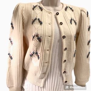 ASTRIFA Vintage Austrian ivory wool cardigan sweater embroidered puff shoulders